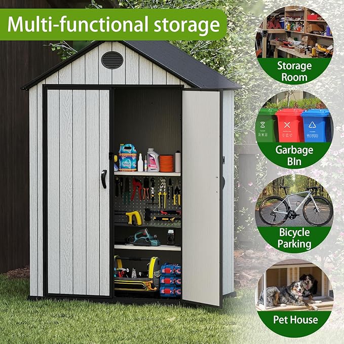 6 x 4 FT Shed Resin Outdoor Storage shed, 230 cuft Plastic Shed with Window and Lockable Door for Garden, Backyard, with Wood Texture, Grey