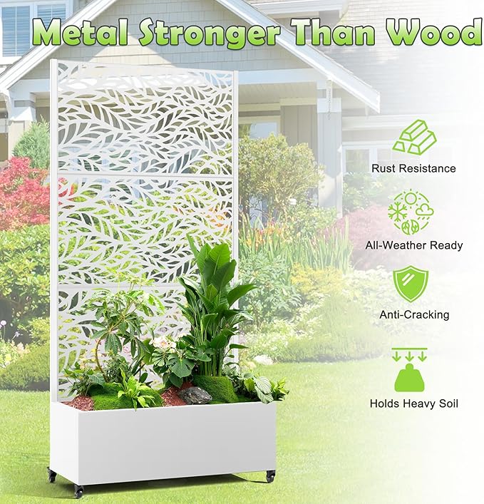 15.7"×70.9"×35.4" Metal Raised Garden Bed with Trellis and Wheels - Tall Trellis Planter Box for Climbing Plants, Vegetables & Vines - Outdoor Privacy Planters for Patio (White-Spring)