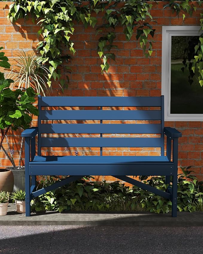 GREENVINES Outdoor Bench | 51.5’’ | HDPE | Garden Benches | Weatherproof | for Outdoors Patio Park Porch Outside Backyard | 2-Person | Blue