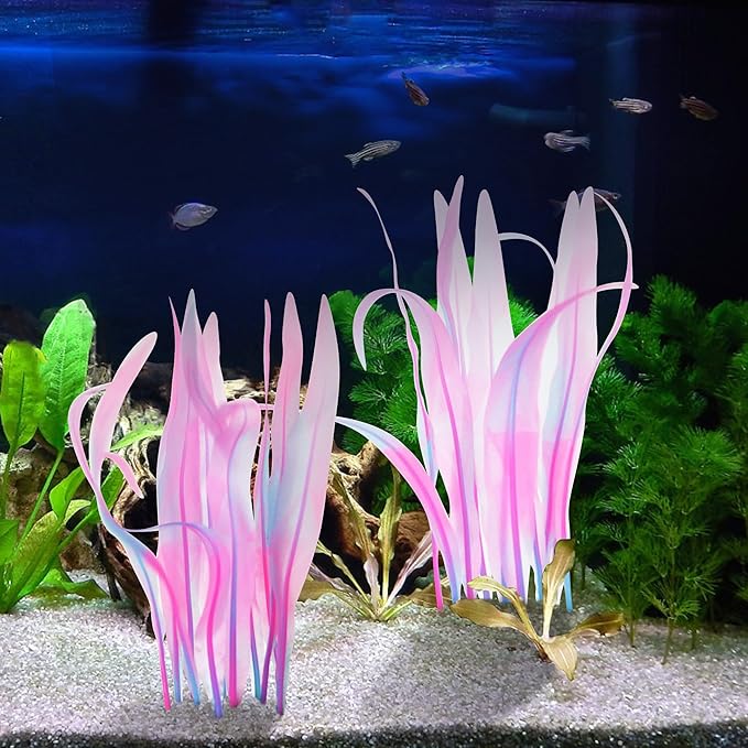 Kaiyuan Dynasty 2pc Aquarium Decor Plastic Plants Fish Tank Artificial Plants Glowing Aquarium Kelp Move with Water Flows Soft Silicone Aquatic Seaweed,7inch,Pink