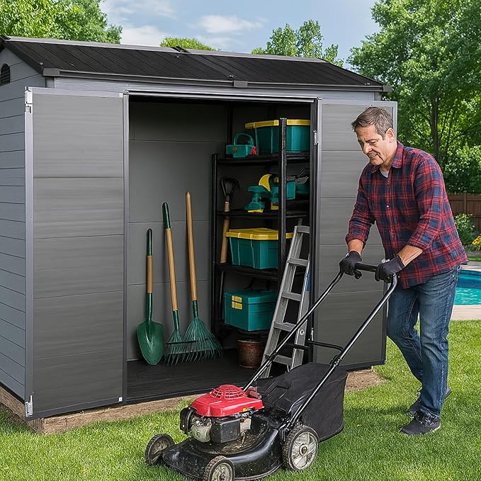8x4ft Resin Outdoor Storage Shed with Floor and 2 Windows, Plastic Sheds & Outdoor Storage Clearance for Patio Furniture,GardenTools, Bike Accessories and Lawn Mower, Black+Grey
