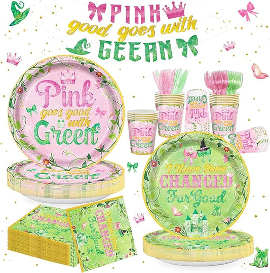 121Pcs Pink and Green Witch Party Decorations for Girls Boys Witch Movie Birthday Party Supplies Tableware Paper Plates Napkins Cups Banner Knife and Fork Baby Shower Tableware Set Serve 20 Guests