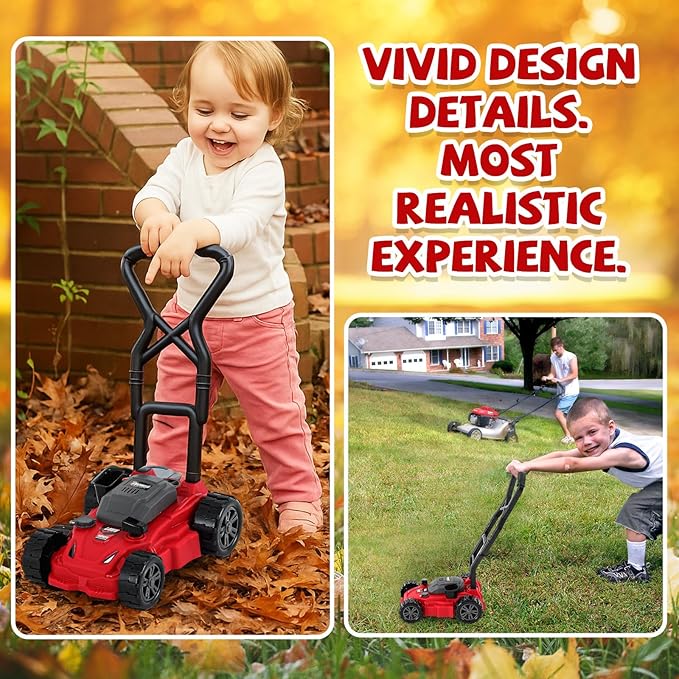 2 Pcs Toy Gardening Tool Set for Kids Leaf Blower, Push Lawn Mower Battery Powered Gardening Tool Set with Lights and Sounds Gift for Boys Girls