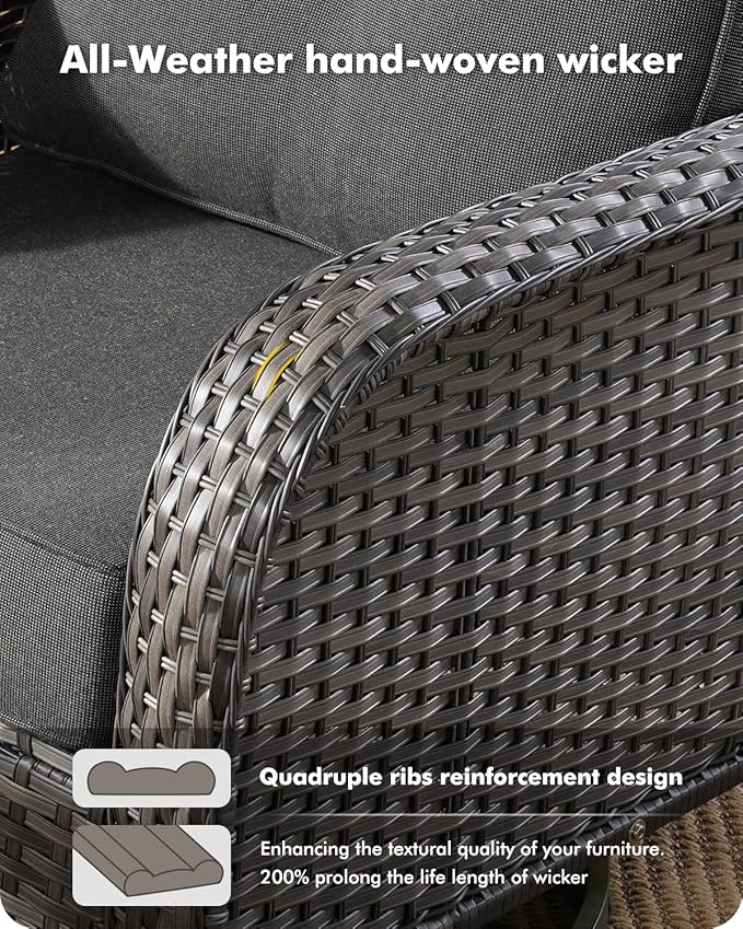 5 Pieces Patio Furniture Set,Outdoor Furniture with Rockers, Rattan Conversation Sets w/Coffee Table, Grey Wicker Black Cushion