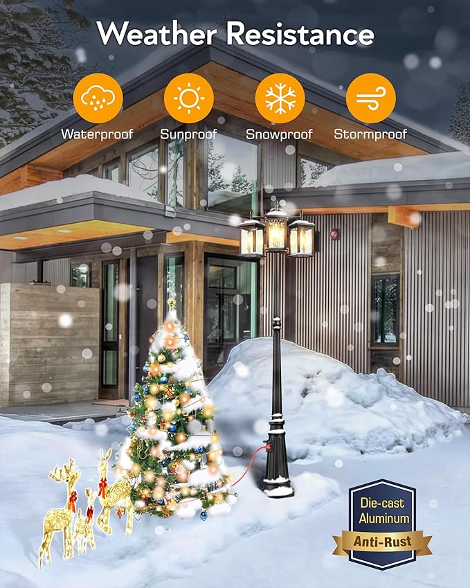 VIANIS Outdoor Lamp Post Light with Outlet, Waterproof Dusk to Dawn Lamp Posts Outdoor Lighting 3-Head, Anti-Rust Black Street Light for Garden, House, Doorway, Weather Resistant