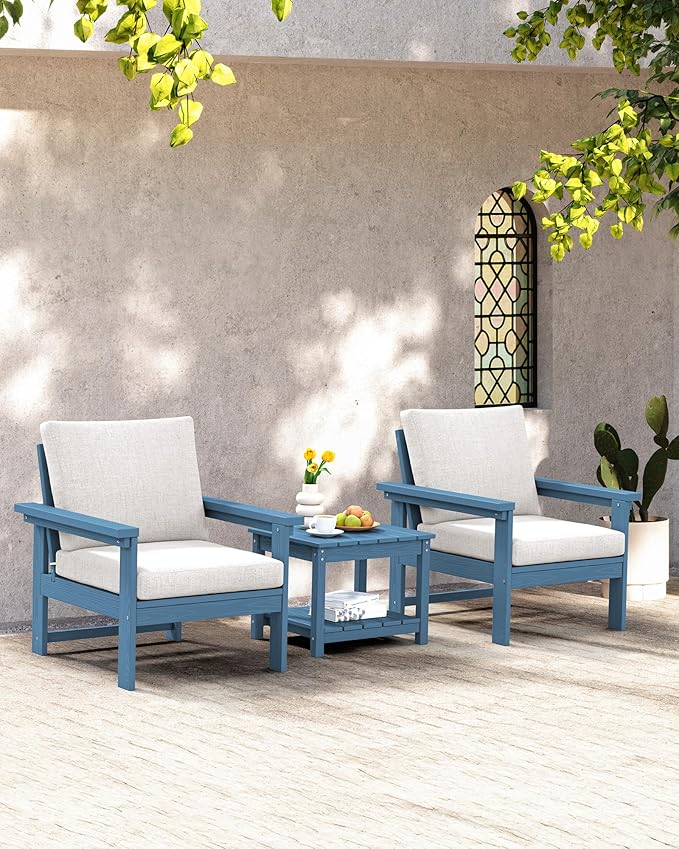 SERWALL HDPE Patio Sofa Set, 3-Piece Sectional Outdoor Furniture Set, All Weather Outdoor Couch Set Patio Furniture Set for Deck, Lawn, Blue Frame with Khaki Cushion