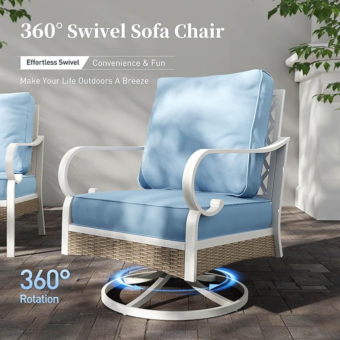 6 Piece Metal Outdoor Patio Furniture Set, Patio Conversation Sets 3-Seater Sofa, 2 Fixed Sofa, 2 Swivel Chair with 5.75" Thick Cushion and Coffee Table White Backyard Furniture, Blue