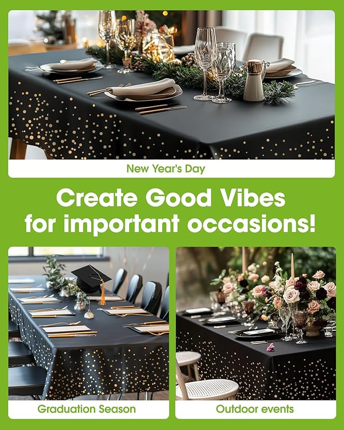 Pureegg Plastic Table Cloth Disposable 8 Pack, 54 x 108 Inch Table Cloths, Graduation Decorations Class of 2025, Graduation Tablecloths, Rectangle, Plastic Cover, Leakproof & Sturdy, Black and Gold