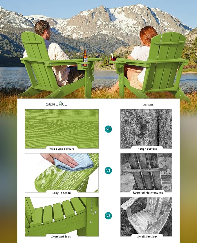 SERWALL Adirondack Chair with Cup Holders - Composite Adirondack Chairs Set of 2 HDPE Outdoor Chairs All Weather Use- Apple