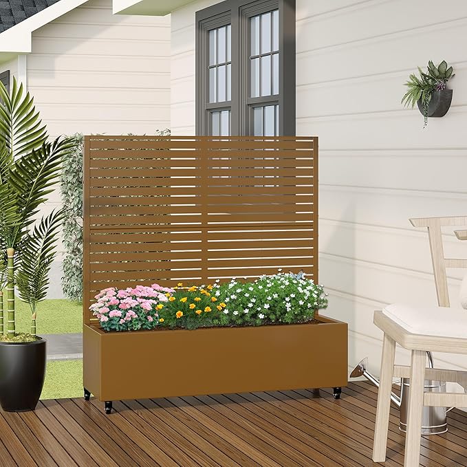 Casaphoria Metal Raised Garden Bed with Trellis and Wheels, 47"x47"x16" Planter Box for Climbing Plants, Vegetables & Vines, Features Drainage Holes and Privacy Screen (Brown-Louvered)
