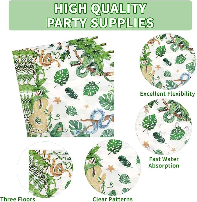 96 Pcs Snake Birthday Party Supplies Reptile Jungle Swamp Snake Plates and Napkins Tableware Sets Reptile Party Decorations Favors for Kids Camping Alligator Wilderness Wildlife Theme Decor,Serves 24