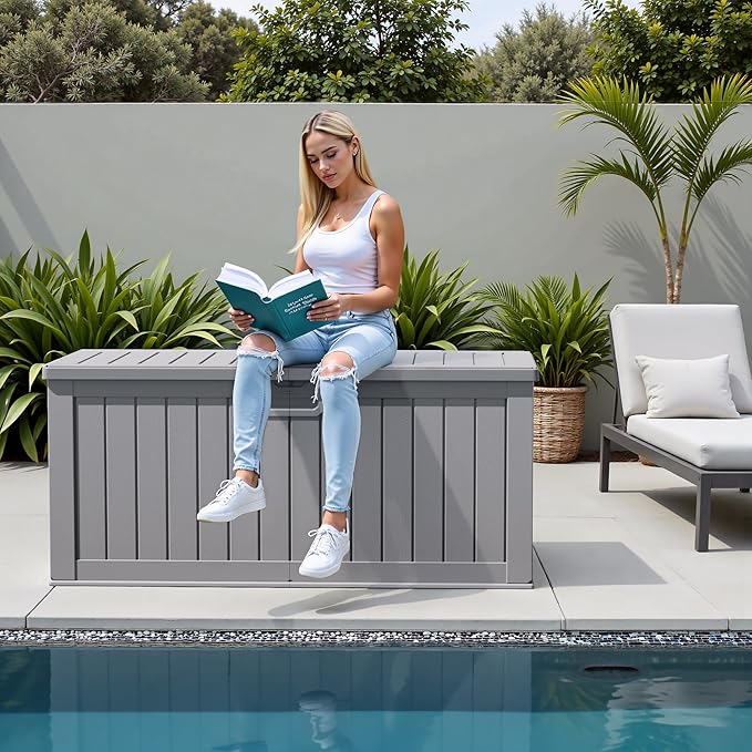 Flamaker Resin Deck Box 250 Gallon, Waterproof Imitation-Wood Lockable Storage Box with Separator Plate Outdoor Indoor, Garden, Patio Furniture for Tools&Pool Accessories (Gray)