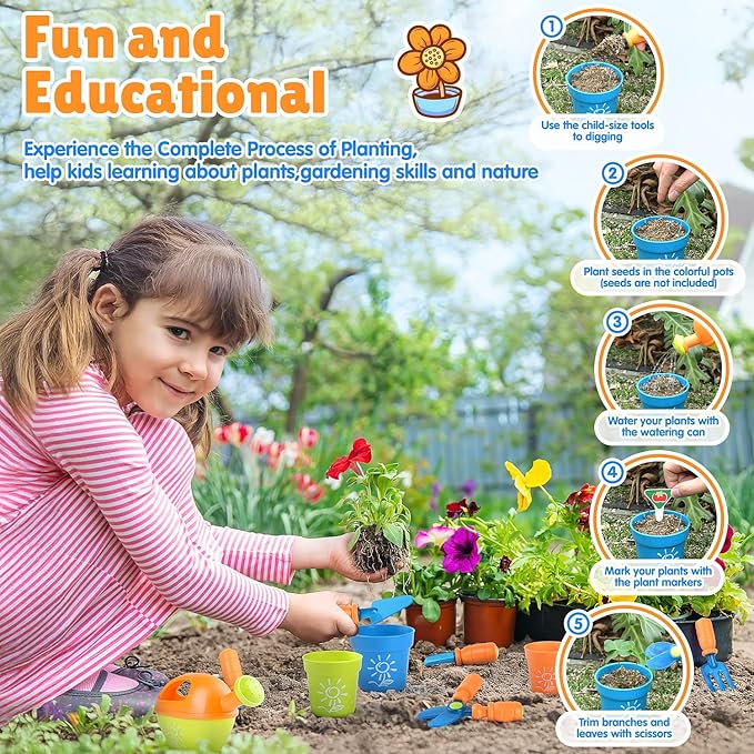 Kids Gardening Set, Garden Tool Set for Kids, Gardening Tools Kit with Shovel, Fork, Spade, Scissors, Flower Pot, Watering Can and Storage Box, Summer Outdoor Toys for Toddlers Boys Girls Gift