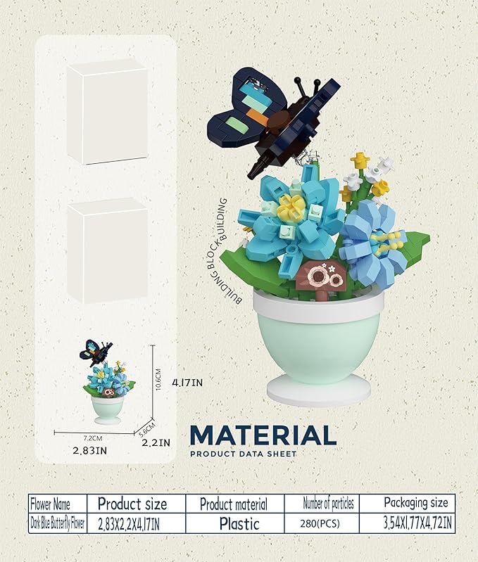 Dark Blue Butterfly Flower Mini Flower Cute Insects Potted Plant Bonsai Building Toy Blocks Particle Set Small Flowers Botanical