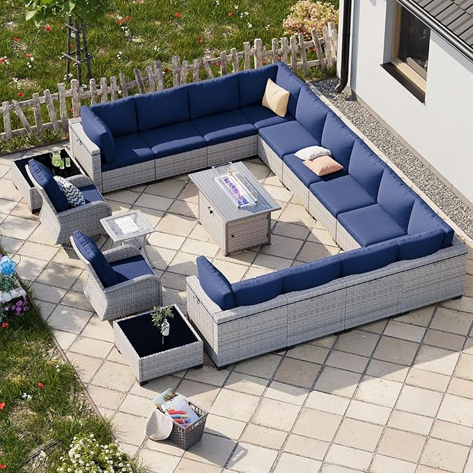 18-Piece Patio Furniture Set, Outdoor Patio Furniture with 55,000 BTU Fire Pit Table, Swivel Chairs Set, Thick Cushions, Modular Patio Sofa, Dual-Strand Wicker Rattan, Rust-Resistant Frame,Navy Blue