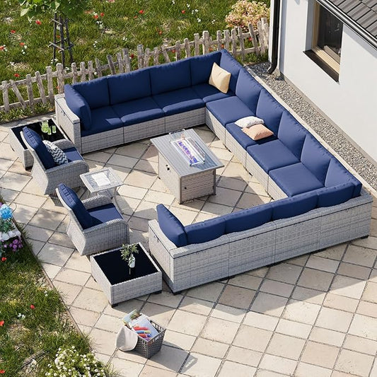 18-Piece Patio Furniture Set, Outdoor Patio Furniture with 55,000 BTU Fire Pit Table, Swivel Chairs Set, Thick Cushions, Modular Patio Sofa, Dual-Strand Wicker Rattan, Rust-Resistant Frame,Navy Blue