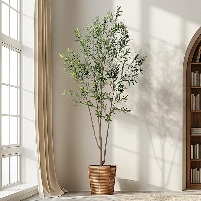 8FT Artificial Olive Tree Tall Faux Silk Plant Tall Faux Olive Tree with Natural Wood Trunk & Lifelike Fruits Fake Potted Tree or Home Office Decor