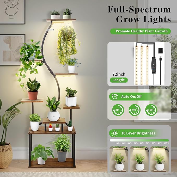 8 Tiered Plant Stand Indoor with Grow Lights, 62 Inch Tall Corner Plant Shelf for Indoor Plants, Metal Plant Rack with Stability Upgrade for Living Room, Patio, Balcony