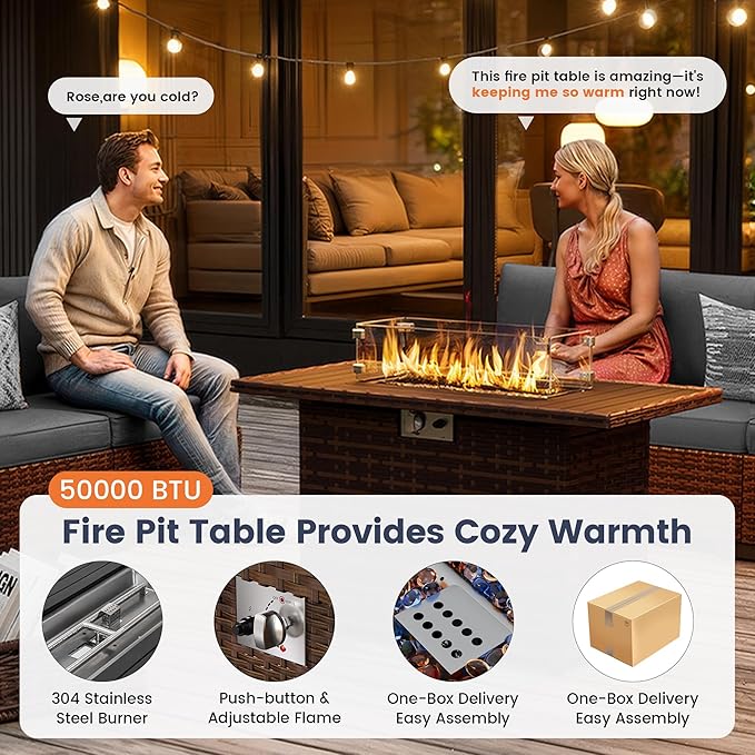 UDPATIO Outdoor Patio Furniture Set with Fire Pit Table, 8 Piece Outdoor Sectional Sofas, All-Weather Wicker Patio Conversation Set for Garden, Backyard Navy Blue