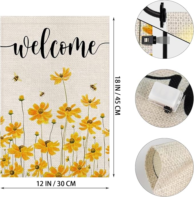 Spring Summer Floral Welcome Garden Flag with LED Lights, 12 x 18 Inch Double Sided Vertical Burlap Sunflower Bee Lighted Garden Flag for Seasonal Holiday Outdoor Yard Decoration