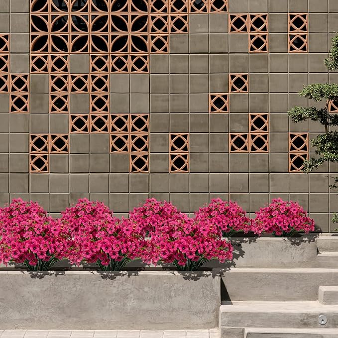 15 Bundles Artificial Flowers Outdoor UV Resistant Fake Silk Plants Plastic Faux Shrubs Outside Front Porch Window Box Garden Home Hanging Planter Decoration (Fuchsia)