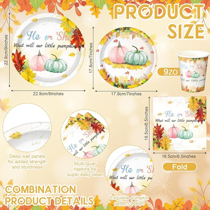 Hsei 250 Pcs Gender Reveal Pumpkin Plates and Napkins Party decorations Disposable Tableware Sets Baby Shower Birthday Party Supplies Serves 50 Guests Dinnerware Baby Bridal Shower Party Favors