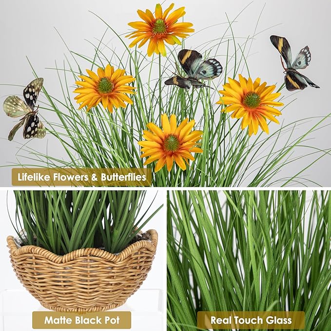 Artificial Plants Indoor with Pot, 17.3" Fake Potted Plants Artificial Onion Grass Plant with Yellow Daisies Flowers and Butterflies Small Faux Plant Indoor for Home Living Room Table Shelf Decor