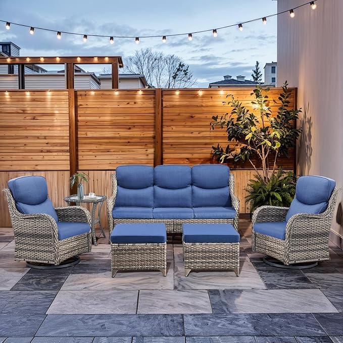 HUMMUH 6-Piece Outdoor Wicker Patio Furniture Set with Swivel Glider Chairs, 3-Seat Sofa & Ottomans 5” Olefin Cushions Ergonomic Neck-Lumbar Backrest All-Weather Rattan for Garden, Deck, Porch