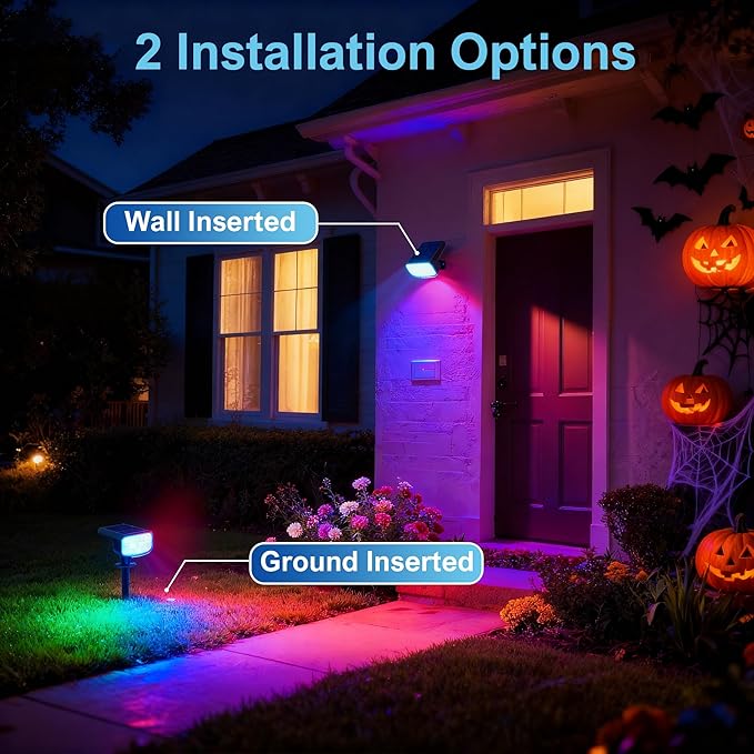Color Changing Solar Spot Lights Outdoor Waterproof IP65,9 Lighting Modes Multicolor RGB Halloween Spotlight for Porches Yard Gardens Landscape Deconrations-8 Pack