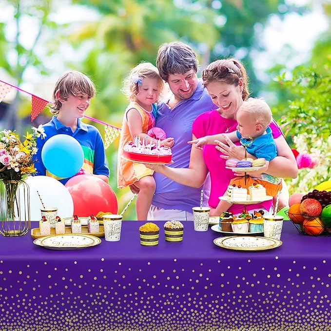 3 Pack Purple and Gold Dot Tablecloth, Purple Plastic Table Cloths for Parties Disposable, 54 x 108 inch Waterproof Rectangular Purple Camping Tablecloth for Birthday Party Graduation Picnic