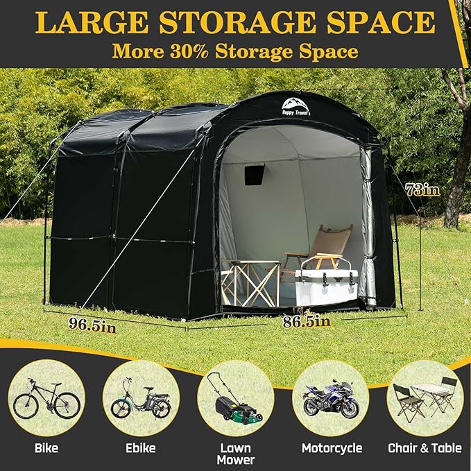 Happy Travel Bike Storage Tent, Outdoor 8×7×6.3ft Large 2-in-1 Portable Shed More 30% Top Space W/Double Doors with Mesh, Outside Lawn Mower Shelter and Bicycle Cover for Patio Furniture, Garden Tools