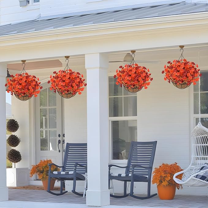 Artificial Hanging Flowers Plants Basket for Outdoors Fall Decorations, 12 Pcs UV Resistant Faux Morning Glory Fake Petunias with Hanging Planter for Home Porch Balcony Decor (Orange Red)