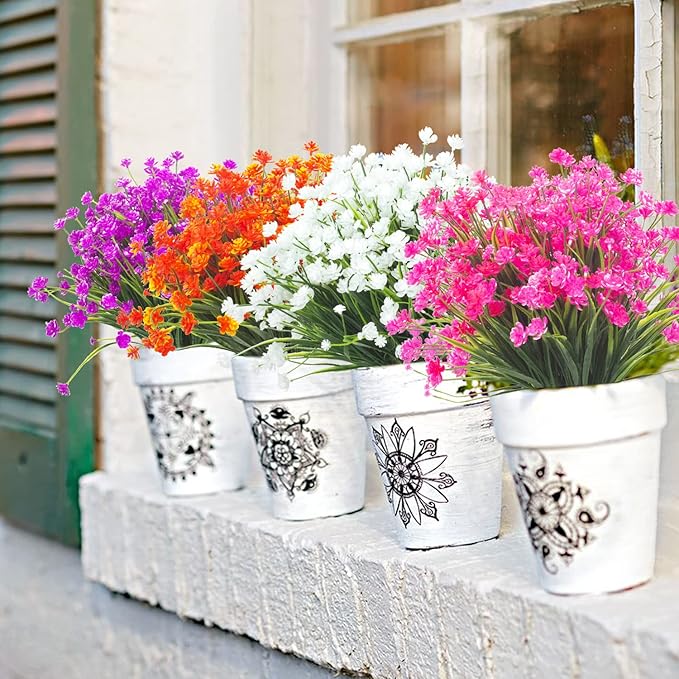 Artificial Flowers Outdoor UV Resistant Fake Plants Indoor Outside Hanging Planter Home Garden Decor, 10 Bundles (Pink)