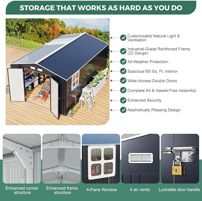 Metal Shed 10x16 FT Big with Heavy-Duty Reinforced Steel Frame and Customizable Skylight, Lockable Doors, 4-Pane Windows, Large Outdoor Storage for Garden, Tools, and Utility
