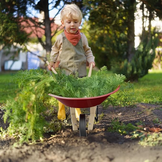 Kids Wheelbarrow Set with Gardening Tools Outdoor Backyard Garden Play for Toddlers Boys Girls 3-8, with Shovel, Rake, Leaf Rake, Easter Birthday Gifts (Wheelbarrow Red Color)