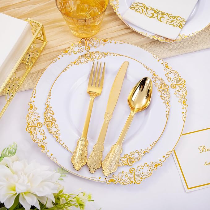 Hioasis 210pcs White and Gold Plastic Plates - Disposable Dinnerware Set Suitable for 30 Guests Include 10.25" Dinner & 7.5" Dessert Plates, Pre Rolled Silverware Set, Cups for Party & Thanksgiving