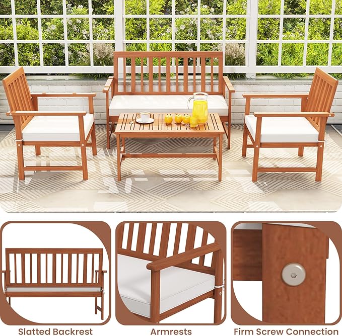 Tangkula 4-Piece Acacia Wood Patio Conversation Set, Outdoor Furniture Set with 2 Armchairs, Loveseat, Coffee Table, Soft Cushions, Slatted Sofa and Chairs Set for Deck, Backyard (Off White,2)