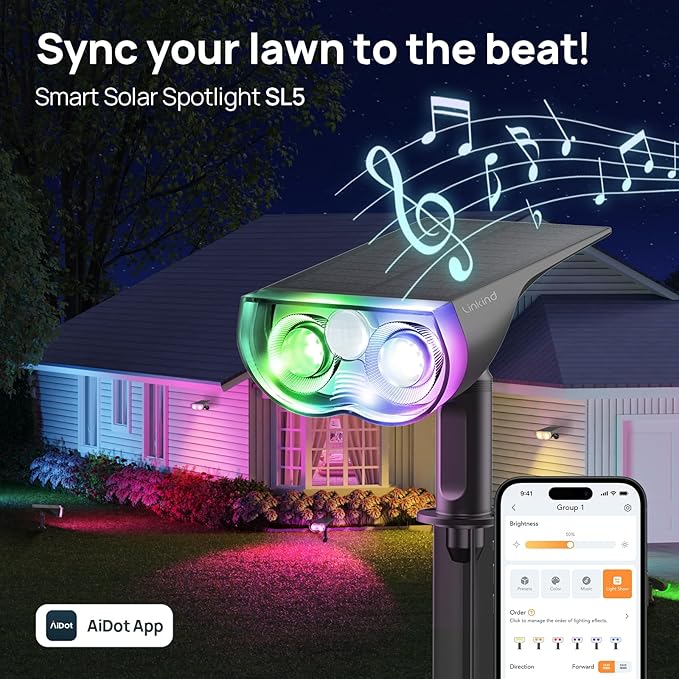 Linkind Smart Solar Spot Lights Outdoor SL5 with Motion Sensor, APP Control Color Changing Solar Halloween Lights Outdoor, IP65 Landscape Lighting for Yard, Garden, Pathway(6 Pack)