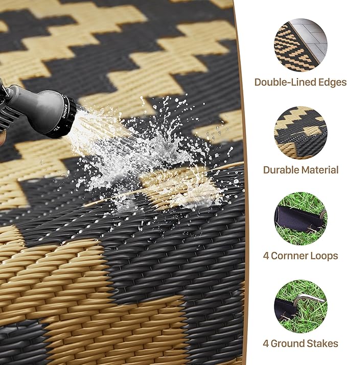 GENIMO Outdoor Rug for Patio Clearance,6'x9' Waterproof Mat,Reversible Plastic Camping Rugs,Rv,Deck,Porch,Camper,Balcony,Backyard (Black & Brown)