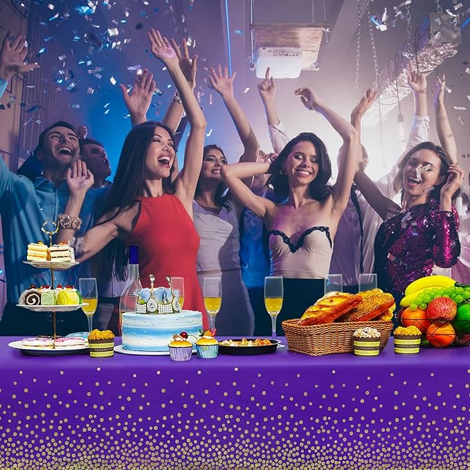2 Pack Purple and Gold Dot Tablecloth, Purple Plastic Table Cloths for Parties Disposable, 54x108 in Waterproof Rectangular Camping Tablecloth for Birthday Party Graduation Picnic