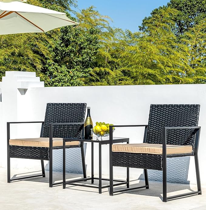 Patio Furniture Set,Wicker Bistro Set 3 Pieces Outdoor Furniture,Rattan Table and Patio Chairs Set for Balcony,Yard,Porch and Deck（Khaki