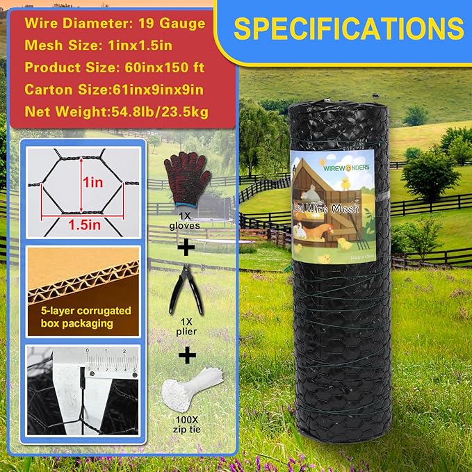 Black 19GA Chicken Wire 60inx150ft, Chicken Wire Fencing, Garden Fence, Metal Poultry Wire Netting, Galvanized PVC Coated Mesh for Animal/Rabbit/Floral/Chicken Coop/DIY Projects.
