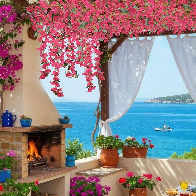 2Pcs Bougainvillea Artificial Hanging Flowers Plants for Outdoors Fake Silk Bougainvillea Vines Rose Red Artificial Flowers Garland UV Resistant Faux Flowers for Planter Porch Arch Table Decor