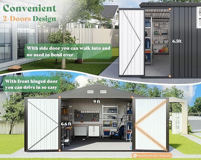 AMERLIFE 13x21x8.4 FT Outdoor Metal Garage Shed, Extra Large Storage Shed with Double Hinged Doors & 4 Windows, Carport for Car, Truck, Bicycle and Equipment Storage, Dark Gray