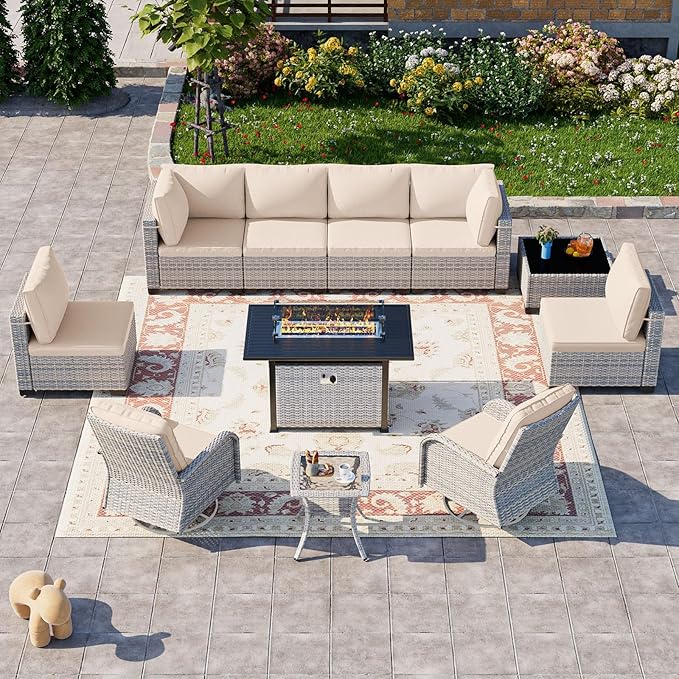 11-Piece Patio Furniture Set, Outdoor Patio Furniture with 55,000 BTU Fire Pit Table, Swivel Chairs Set, Thick Cushions, Modular Patio Sofa, Dual-Strand Wicker Rattan, Rust-Resistant Frame, Sand