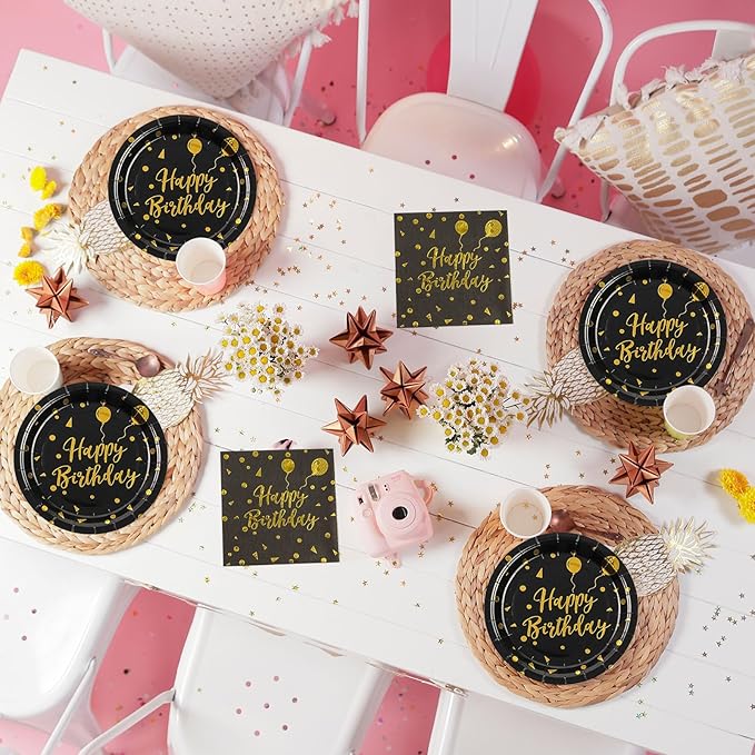 75PCS Happy Birthday Paper Plates - 7 Inch Black Gold Dot Paper Plates and 6.5 Inch Napkins with 6.3 Inch Gold Forks Disposable Tableware Set for Birthday Party Decorations, Serves 25