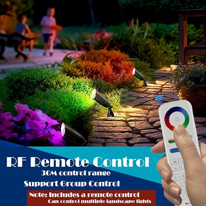 RGB Low Voltage Landscape Lighting, Color Changing Brass Landscape Lights with 4 MR16 Light Bulbs, 12V Outdoor Spot Lights for Yard Garden Pathway Lawn Decorative, ETL Listed