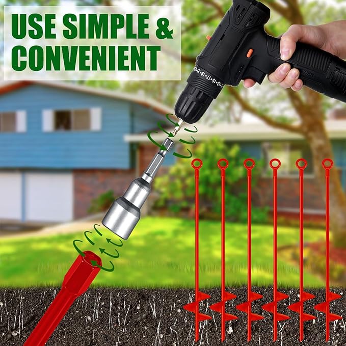Chumia 6 Pcs 18 Inch Ground Anchor Spiral Blade Heavy Duty Earth Anchors Swing Set Metal Shed Kit for Garden Securing Trees Tents Trampoline Canopies Shelters (Red)