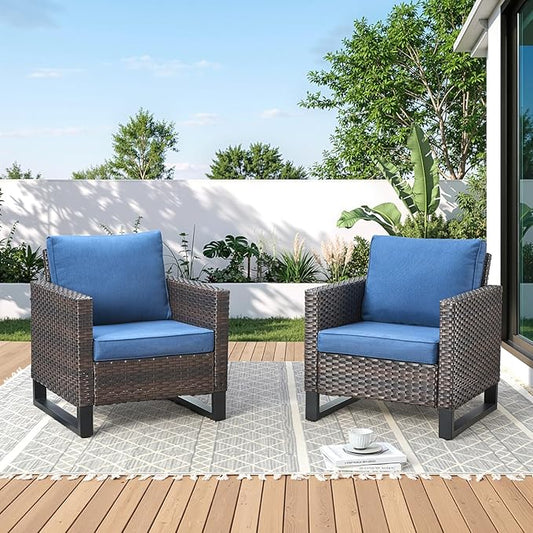 Wicker Outdoor Patio Chairs Set of 2-High Back Rattan Patio Club Chairs with Thickened Cushions Wide Armrest All Weather Patio Furniture Set for Deck Porch Balcony(Brown/Blue)