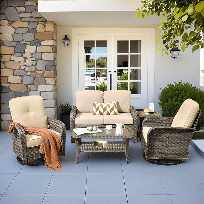 5 Pieces Patio Furniture Set,Outdoor Furniture with Rockers, Rattan Conversation Sets w/Coffee Table, Grey Wicker Light Beige Cushion
